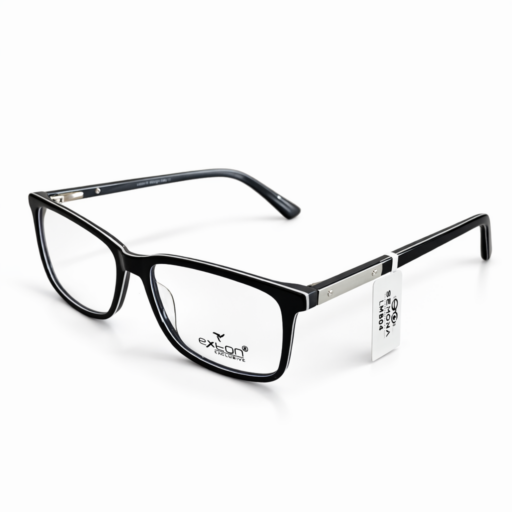 Exton Exclusive LMB04 Premium Bi-Layer Rectangular Eyeglasses – Obsidian Black & Silver | Professional Hybrid Acetate-Metal Frames
