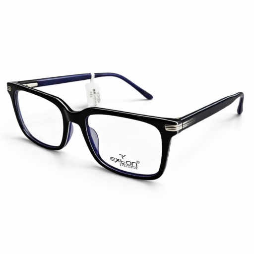 Exton Exclusive VP739 Luxury Bi-Layer Eyeglasses – Obsidian Black & Electric Blue | Bold Oversized Rectangular Frames with Silver Ribbed Accents
