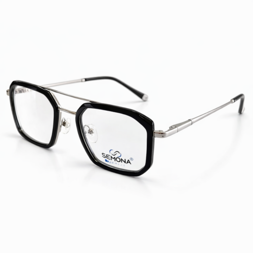 Semona 57045k Luxury Hexagonal Double-Bridge Eyeglasses – Black & Silver Geometric Frames | Premium Professional Eyewear