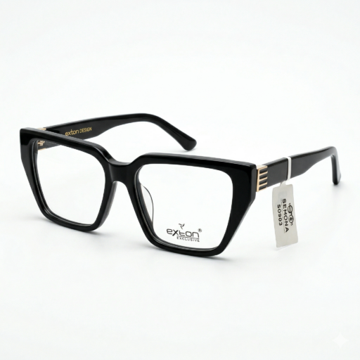 Exton Exclusive S0903 Bold Oversized Butterfly-Square Eyeglasses – Glossy Black | Premium Acetate Frames with Gold Ribbed Accents