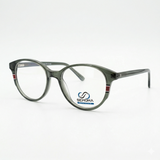 Semona 3551 Premium Translucent Olive Green Round Eyeglasses – Panto Style Frames with Red Accent Stripes | Modern Aesthetic Eyewear