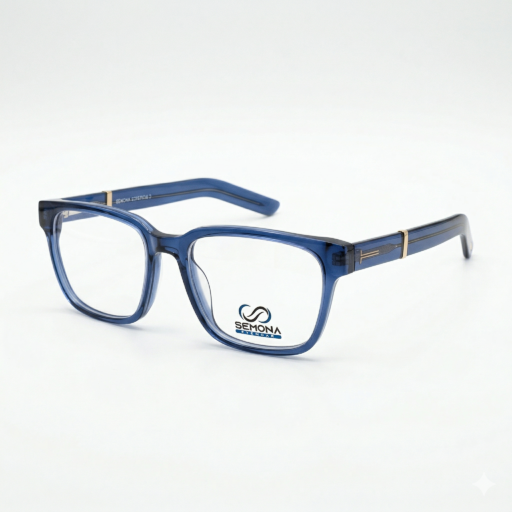 Semona 3569 Premium Transparent Cobalt Blue Eyeglasses – Rectangular Acetate Frames with Gold "T" Temple Accents